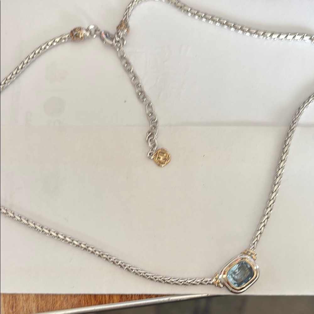 Modern Silver and Gold Necklace with Blue Gemstone